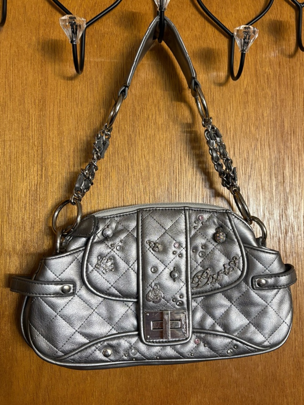 Paris Hilton Metallic Silver Quilted Shoulder Bag with Chain Strap